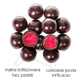 Liofilizowana malina w czekoladzie gorzkiej 64% cacao 100g opakowanie bag